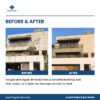 Before and after Flagstone Fix Bio Wash: fungus and algae removed from a concrete building wall